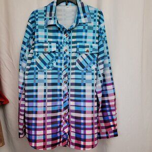 Button down blouse XL long sleeves colorful plaid Women's Polyester Ombre